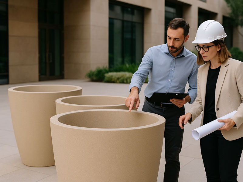 sand-textured GRP planters framing a resort courtyard