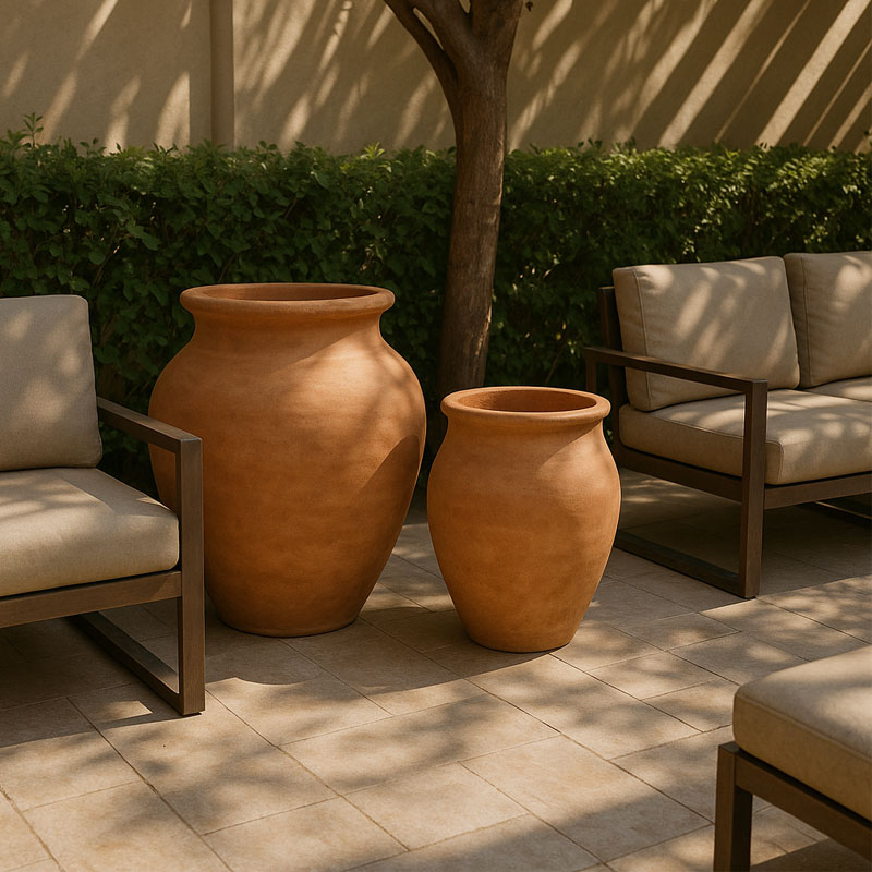 Natural terracotta clay pots placed between cushioned chairs in a shaded outdoor seating area with soft stone flooring and dappled sunlight.