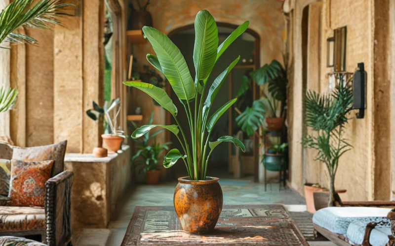 Tall tropical plant styled in a rustic ceramic planter within a Mediterranean-style hallway for elegant home greenery décor