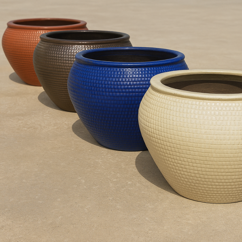 Textured round ceramic plant pots in blue, beige, brown, and terracotta finishes arranged in a modern outdoor setting