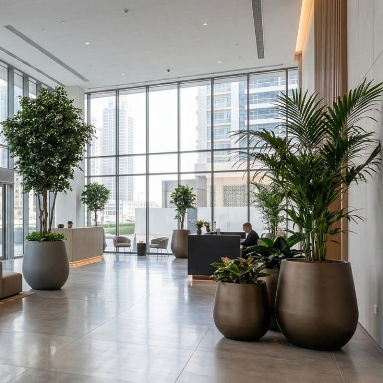 Architectural-planters-integrated-into-corporate-office-atrium-landscape