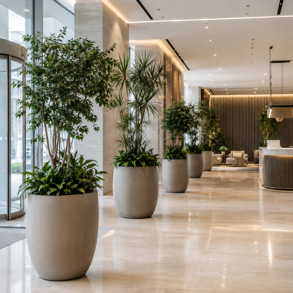 Architectural planters guiding circulation through a modern office lobby in Dubai