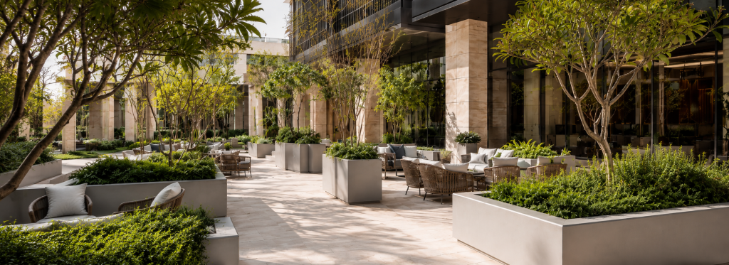 Planters for space division defining seating and circulation in a modern UAE commercial courtyard