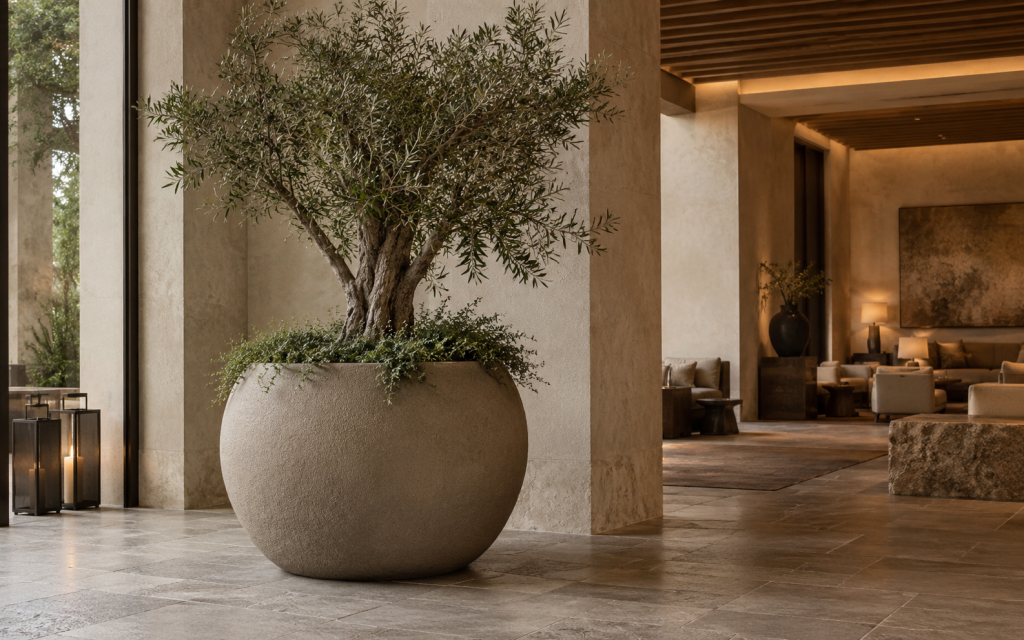 Matte planter finishes styled in a warm, tactile hospitality lobby interior