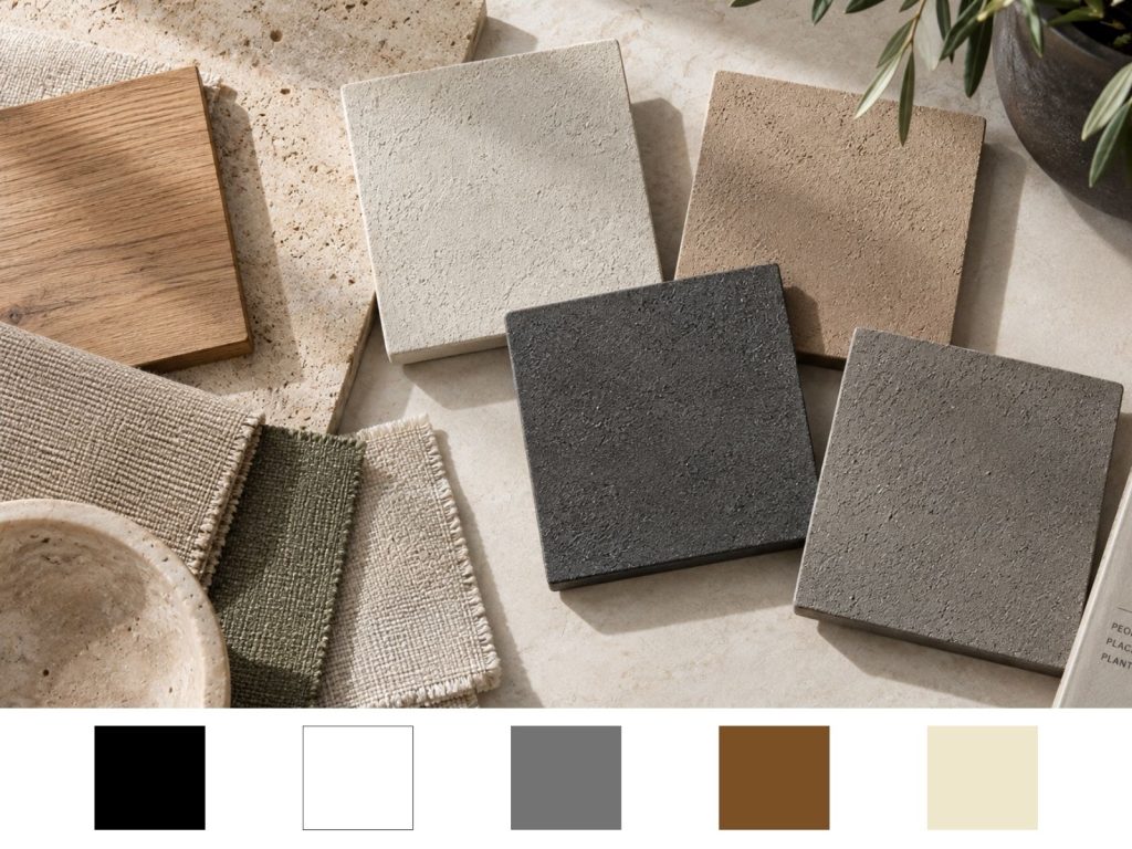 Tactile planter design material palette featuring matte planter finish samples alongside stone and timber swatches