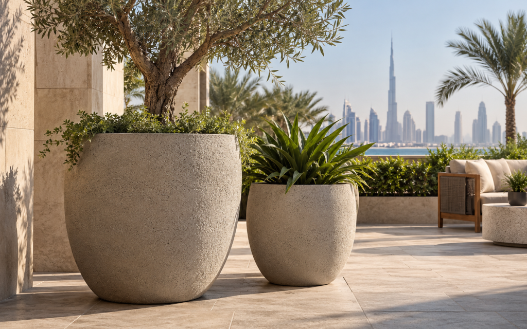 Textured planter surfaces UAE outdoor terrace installation resisting sun glare and dust